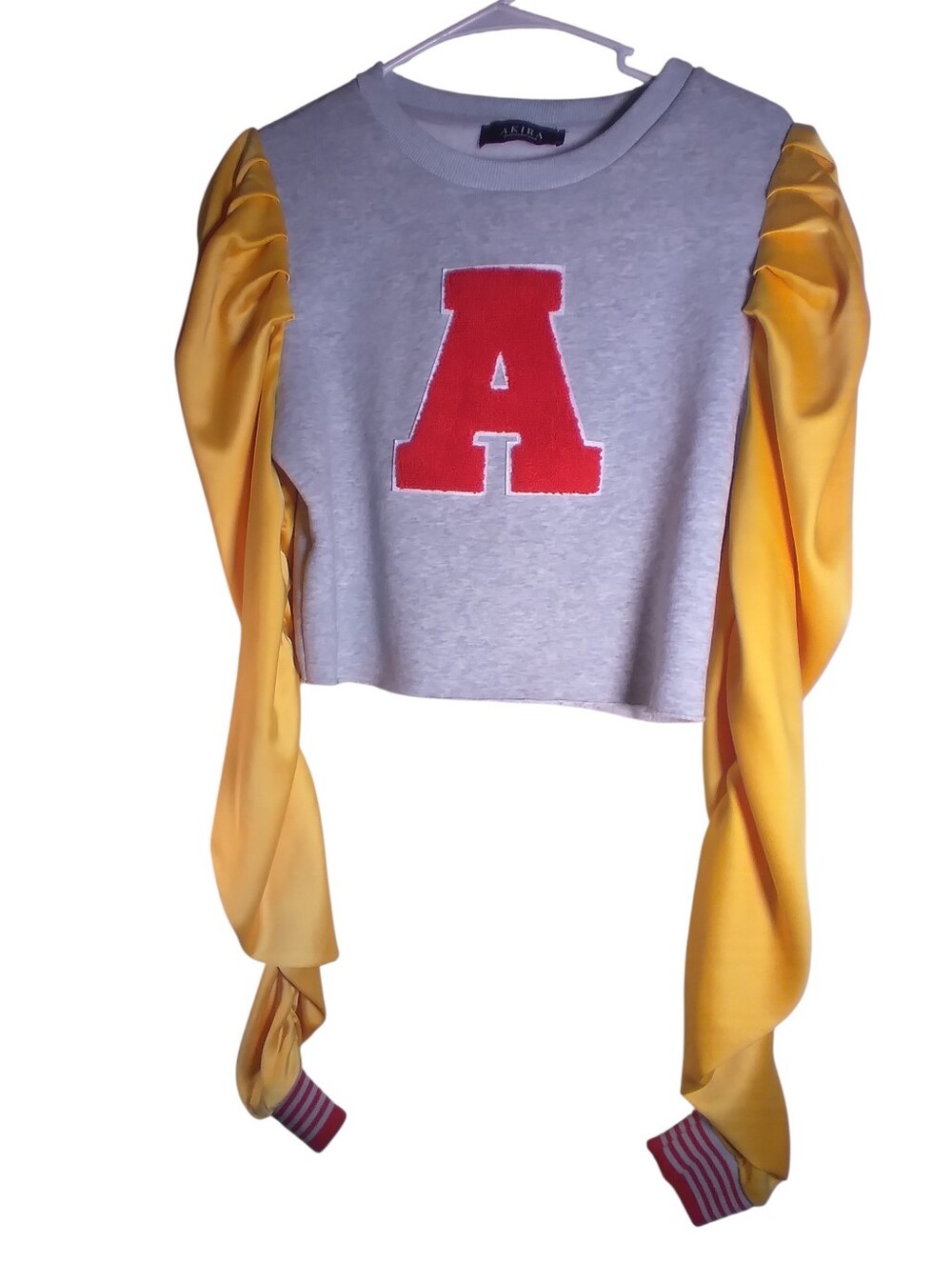 Akira  Brand Gray Cropped Sweatshirt with Red 'A' and Yellow Puff Sleeves Size M